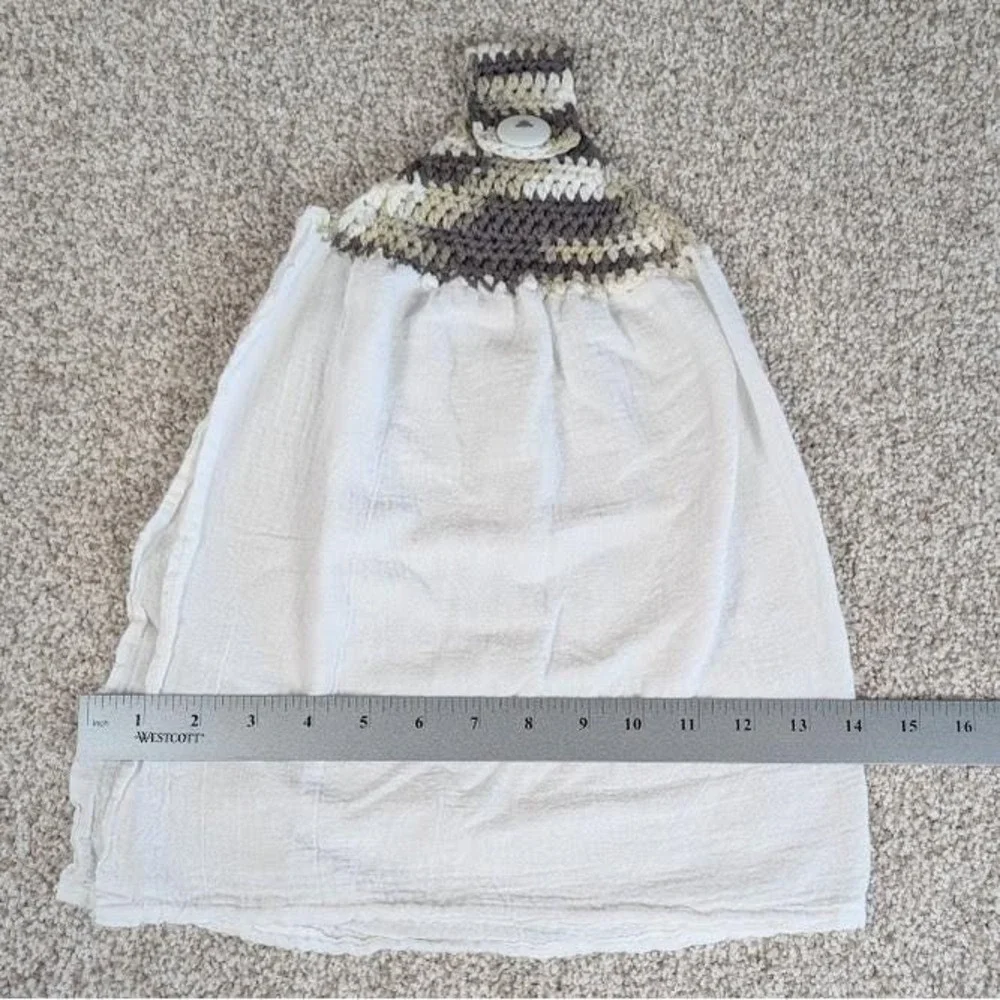 Crocheted Hanging Kitchen‎ Towel with Button Closure - Brown and White